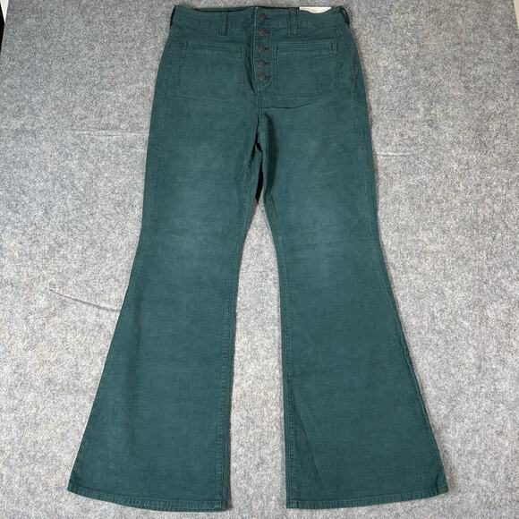 American Eagle Pants Womens 12 Super High Rise Flare Corduroy Green Button Fly - Picture 1 of 10
